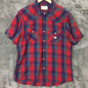 Denim Supply Ralph Lauren Shirt Mens XL Red Plaid Western Outdoor Pearl Snap